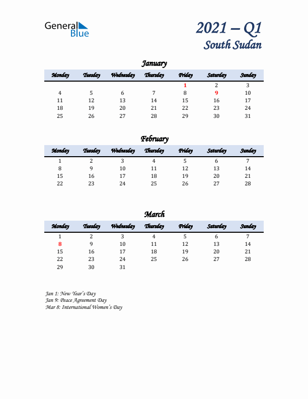 January, February, and March Calendar for South Sudan with Monday Start