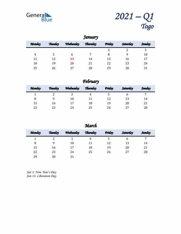 January, February, and March Calendar for Togo with Monday Start