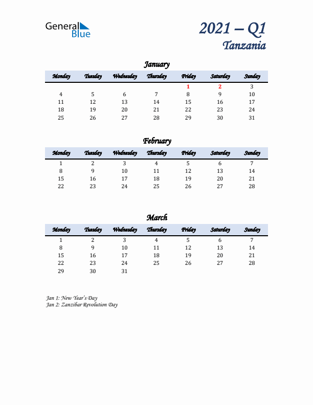 January, February, and March Calendar for Tanzania with Monday Start