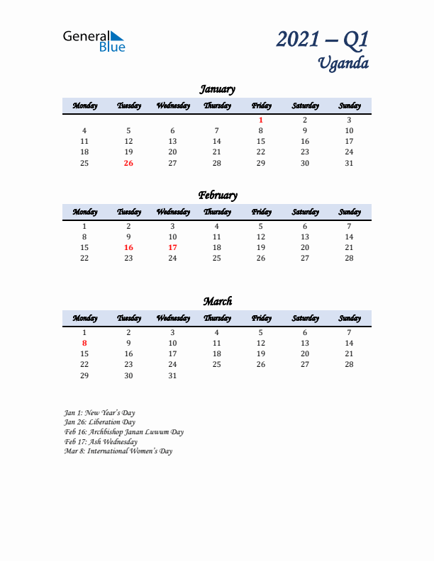 January, February, and March Calendar for Uganda with Monday Start