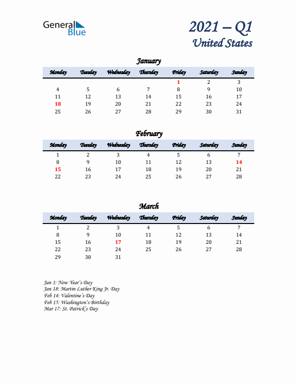 January, February, and March Calendar for United States with Monday Start