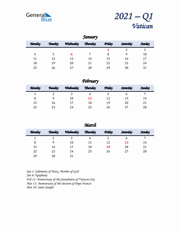 January, February, and March Calendar for Vatican with Monday Start