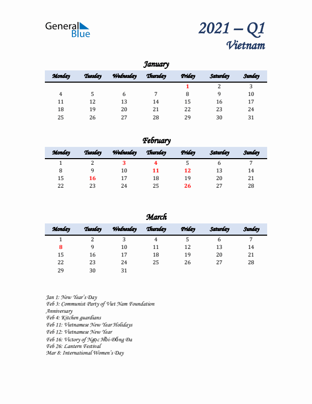 January, February, and March Calendar for Vietnam with Monday Start