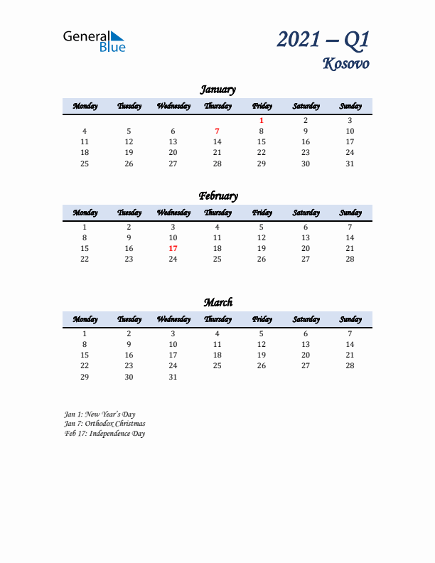 January, February, and March Calendar for Kosovo with Monday Start