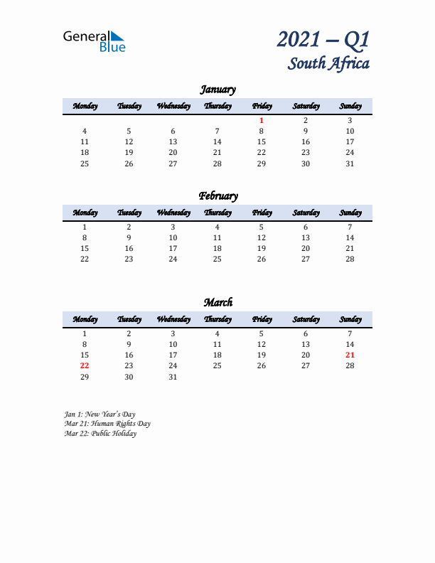 January, February, and March Calendar for South Africa with Monday Start