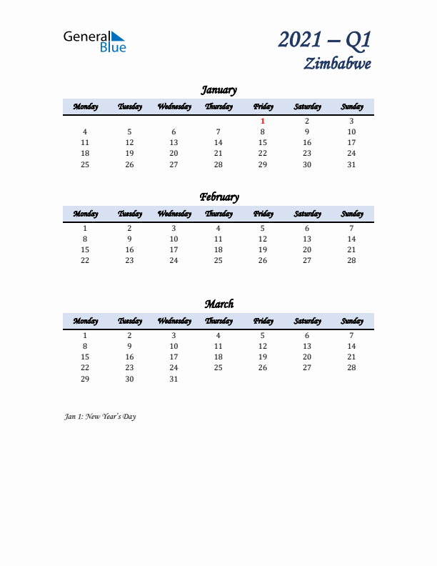 January, February, and March Calendar for Zimbabwe with Monday Start