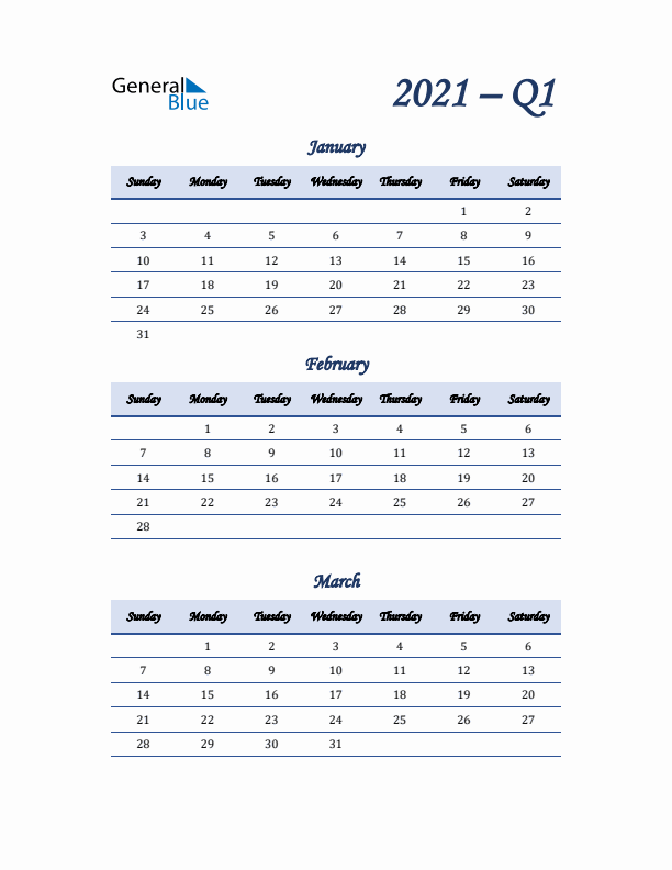 Sunday Start 2021 Quarterly Calendar