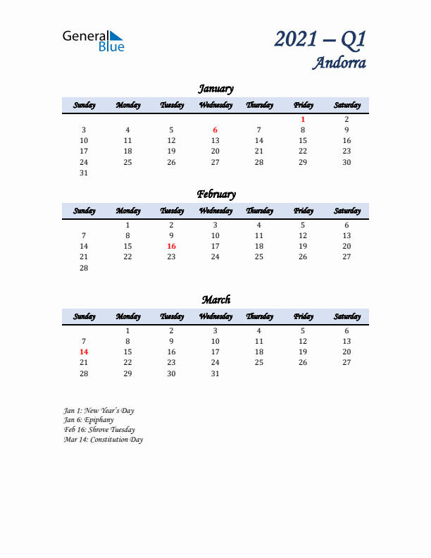 January, February, and March Calendar for Andorra with Sunday Start