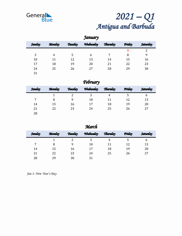 January, February, and March Calendar for Antigua and Barbuda with Sunday Start