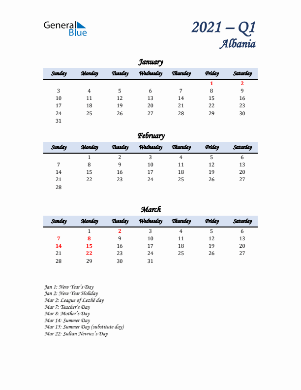 January, February, and March Calendar for Albania with Sunday Start