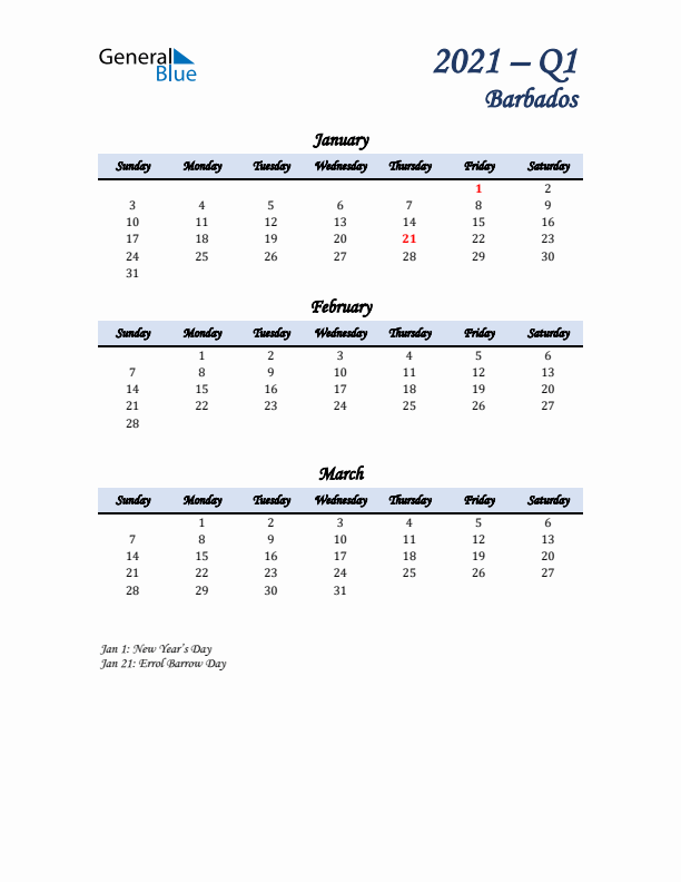 January, February, and March Calendar for Barbados with Sunday Start