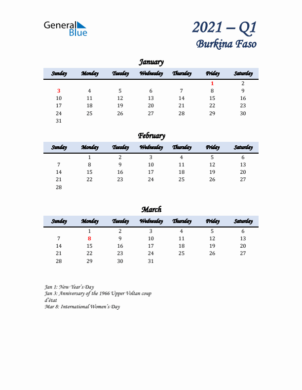 January, February, and March Calendar for Burkina Faso with Sunday Start