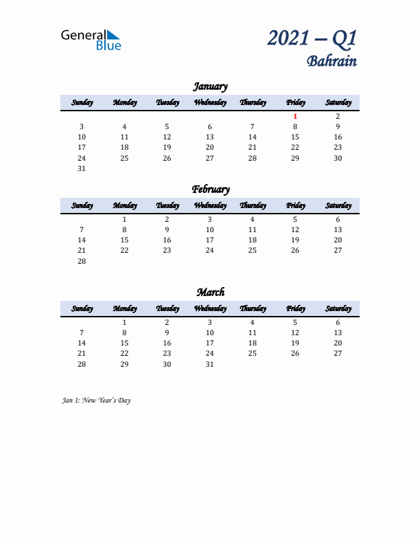 January, February, and March Calendar for Bahrain with Sunday Start