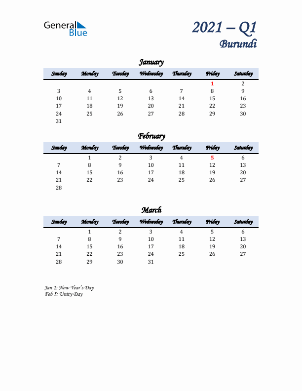 January, February, and March Calendar for Burundi with Sunday Start