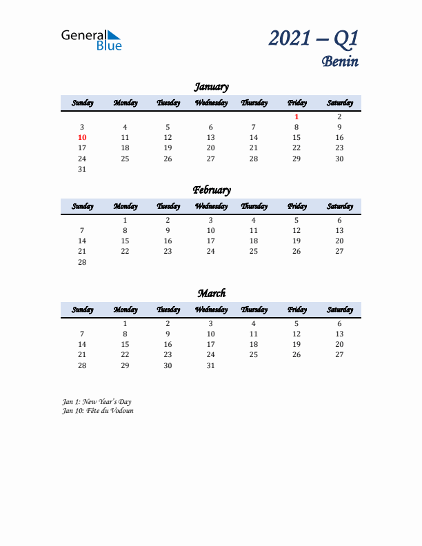 January, February, and March Calendar for Benin with Sunday Start