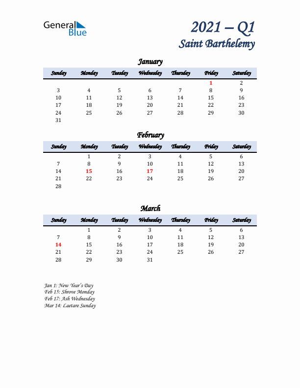 January, February, and March Calendar for Saint Barthelemy with Sunday Start