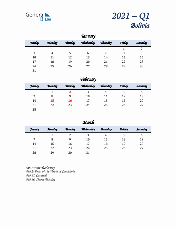 January, February, and March Calendar for Bolivia with Sunday Start