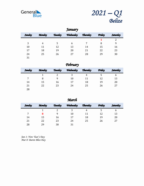 January, February, and March Calendar for Belize with Sunday Start