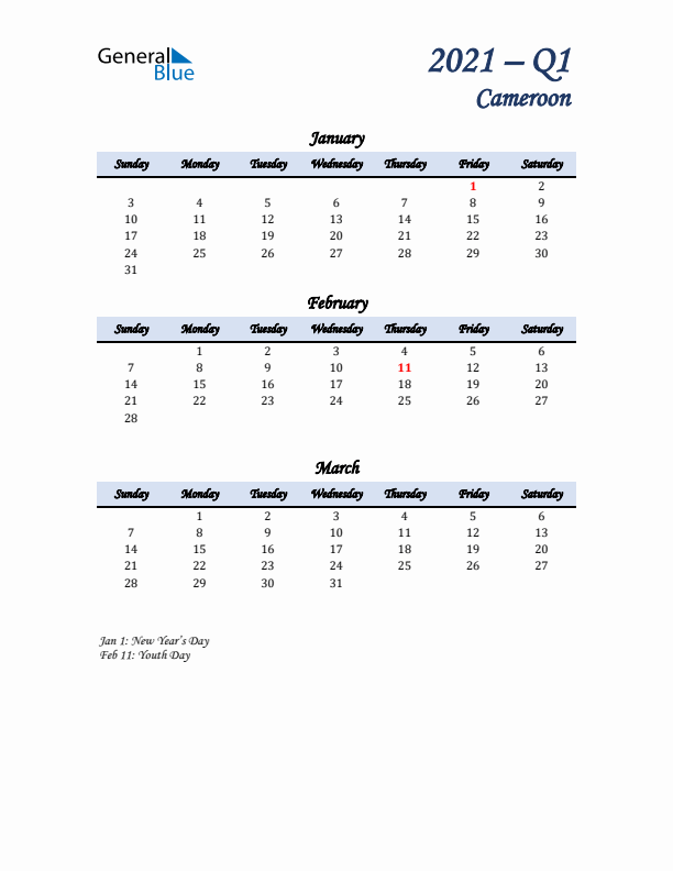 January, February, and March Calendar for Cameroon with Sunday Start