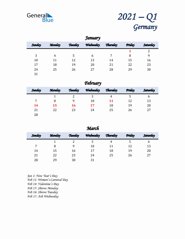 January, February, and March Calendar for Germany with Sunday Start