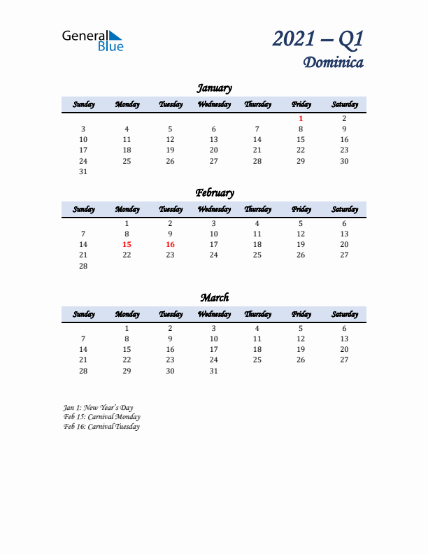 January, February, and March Calendar for Dominica with Sunday Start