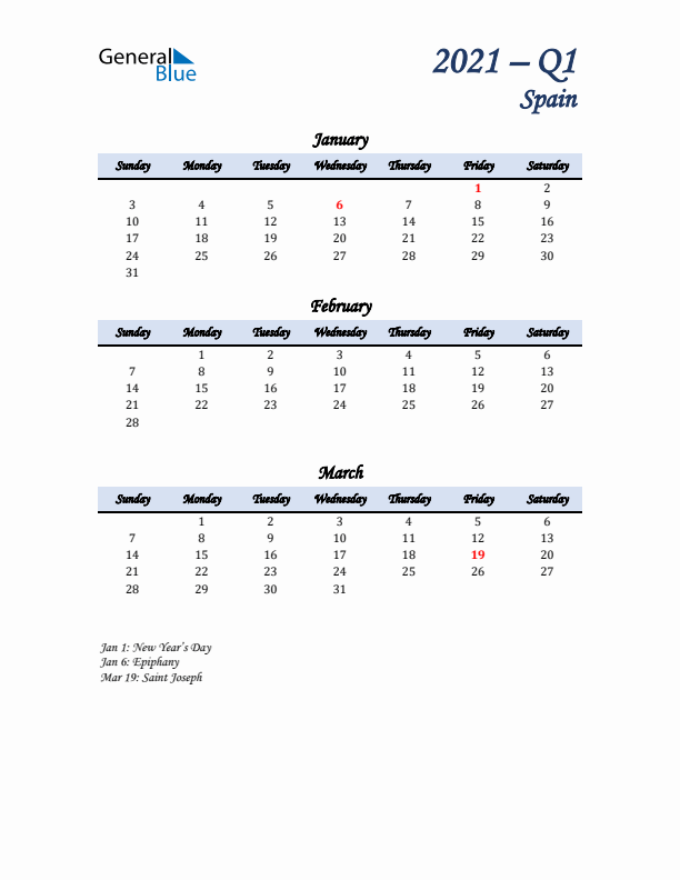 January, February, and March Calendar for Spain with Sunday Start