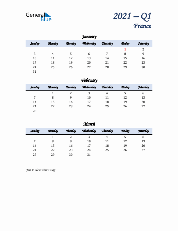 January, February, and March Calendar for France with Sunday Start