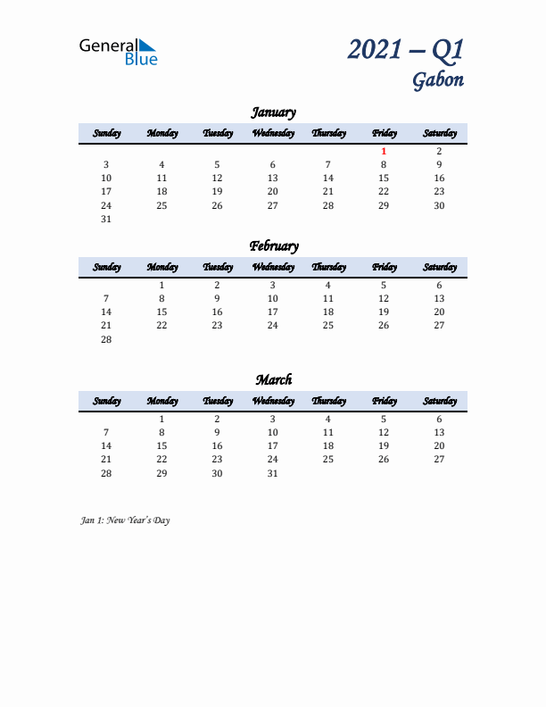 January, February, and March Calendar for Gabon with Sunday Start