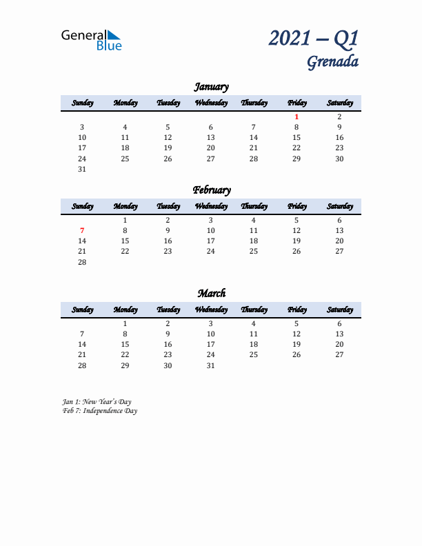 January, February, and March Calendar for Grenada with Sunday Start