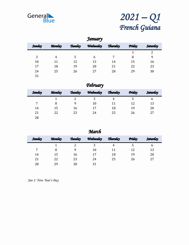 January, February, and March Calendar for French Guiana with Sunday Start