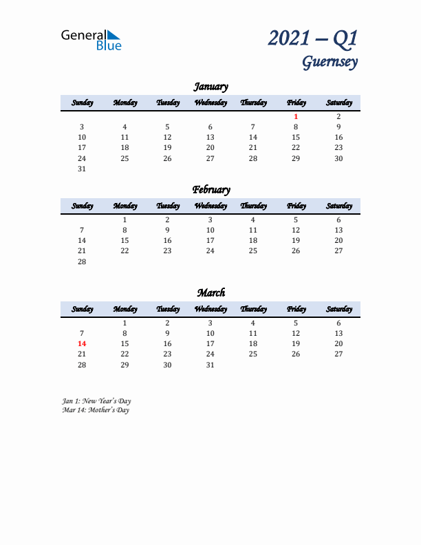 January, February, and March Calendar for Guernsey with Sunday Start