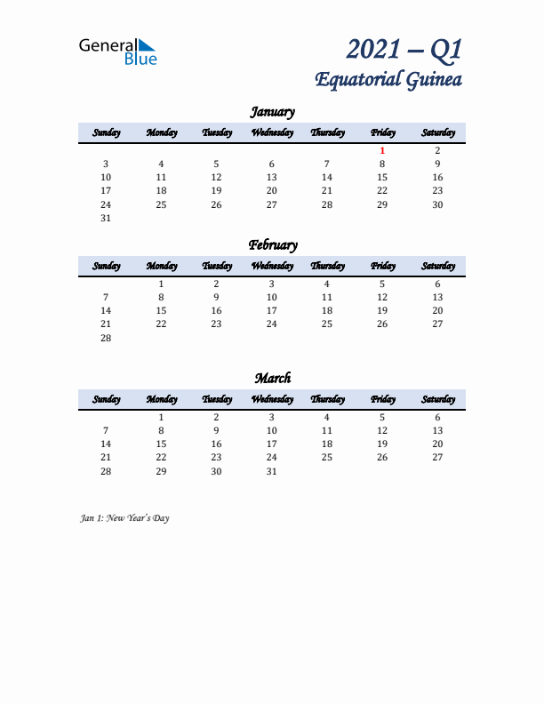 January, February, and March Calendar for Equatorial Guinea with Sunday Start