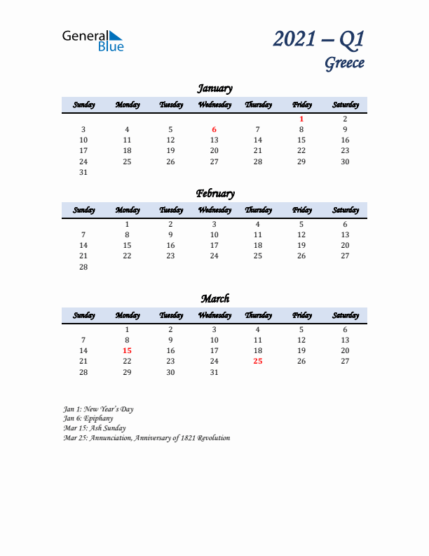 January, February, and March Calendar for Greece with Sunday Start