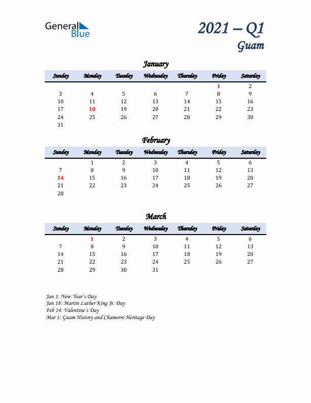 January, February, and March Calendar for Guam with Sunday Start