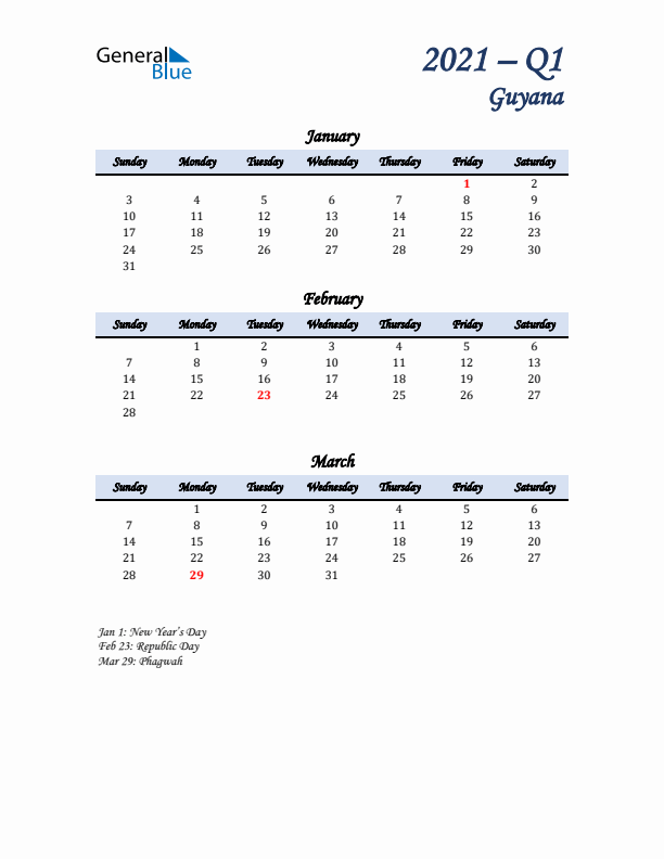 January, February, and March Calendar for Guyana with Sunday Start