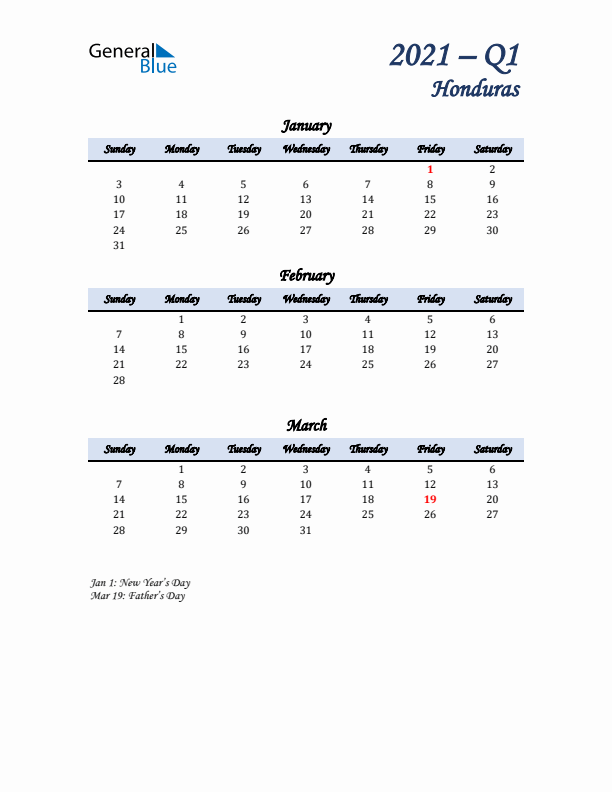 January, February, and March Calendar for Honduras with Sunday Start