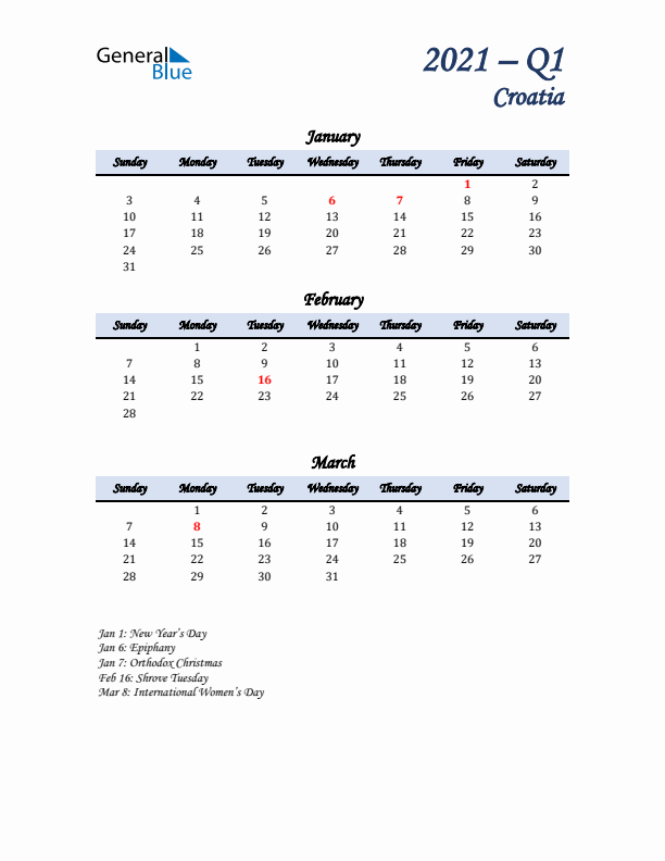 January, February, and March Calendar for Croatia with Sunday Start