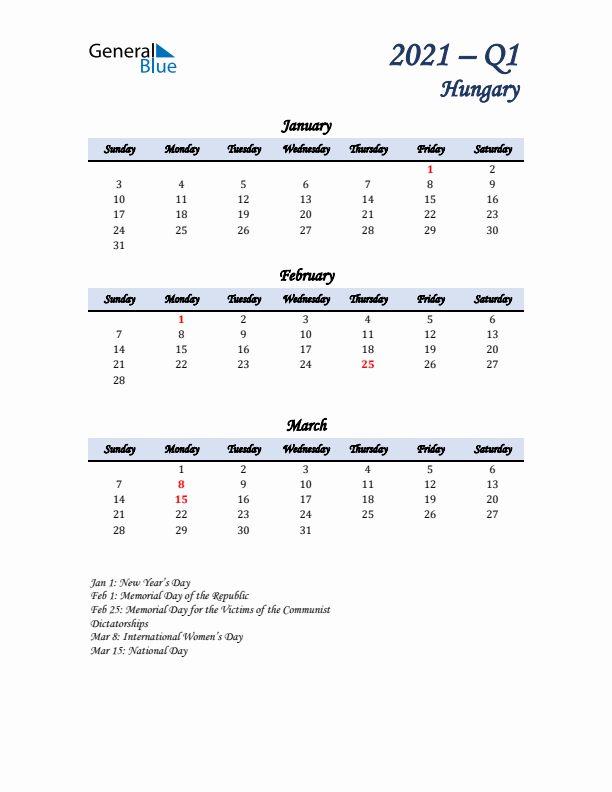 January, February, and March Calendar for Hungary with Sunday Start