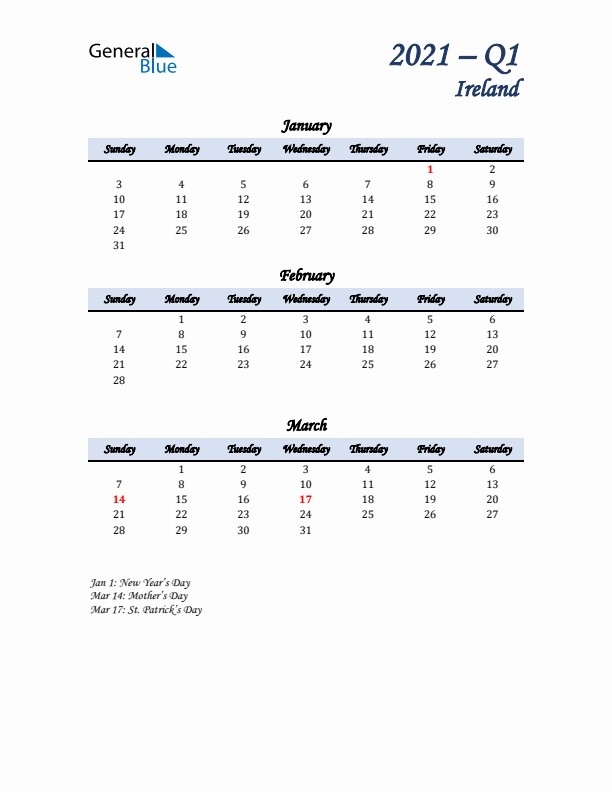 January, February, and March Calendar for Ireland with Sunday Start