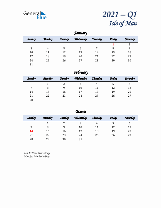 January, February, and March Calendar for Isle of Man with Sunday Start