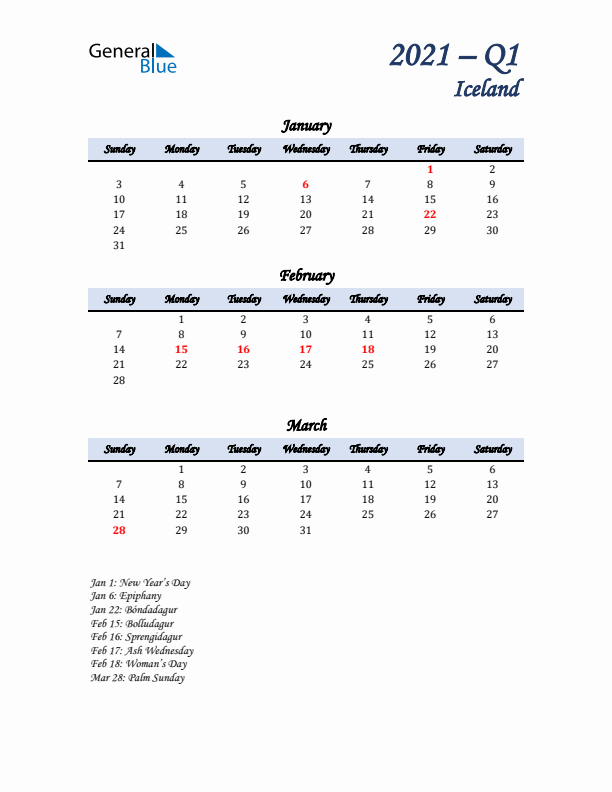 January, February, and March Calendar for Iceland with Sunday Start