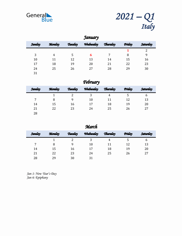 January, February, and March Calendar for Italy with Sunday Start