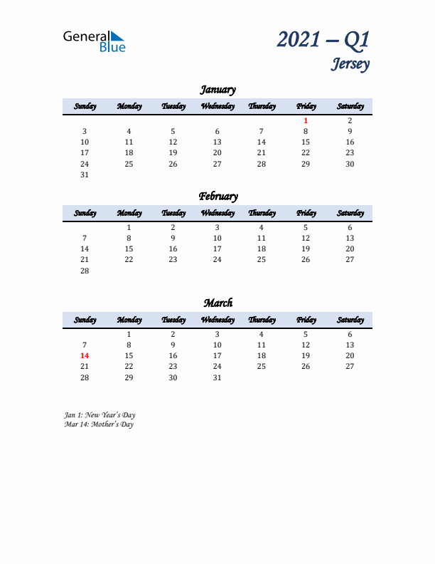 January, February, and March Calendar for Jersey with Sunday Start