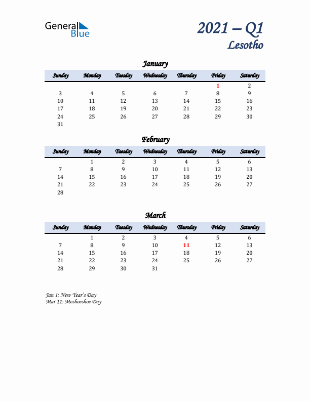 January, February, and March Calendar for Lesotho with Sunday Start