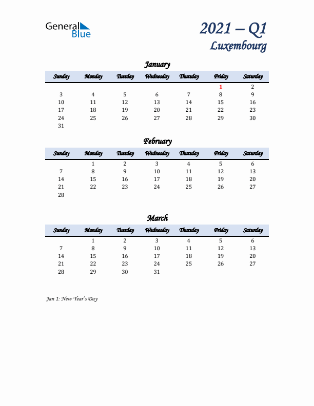 January, February, and March Calendar for Luxembourg with Sunday Start