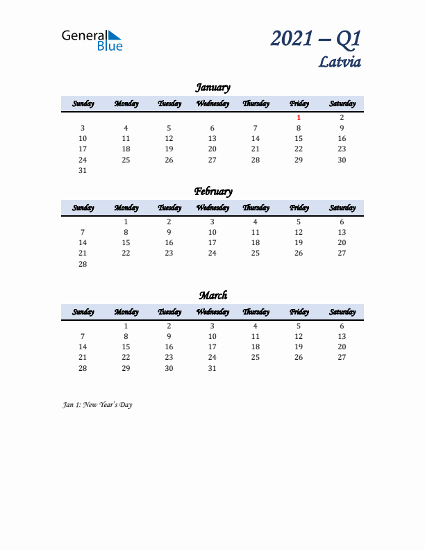 January, February, and March Calendar for Latvia with Sunday Start