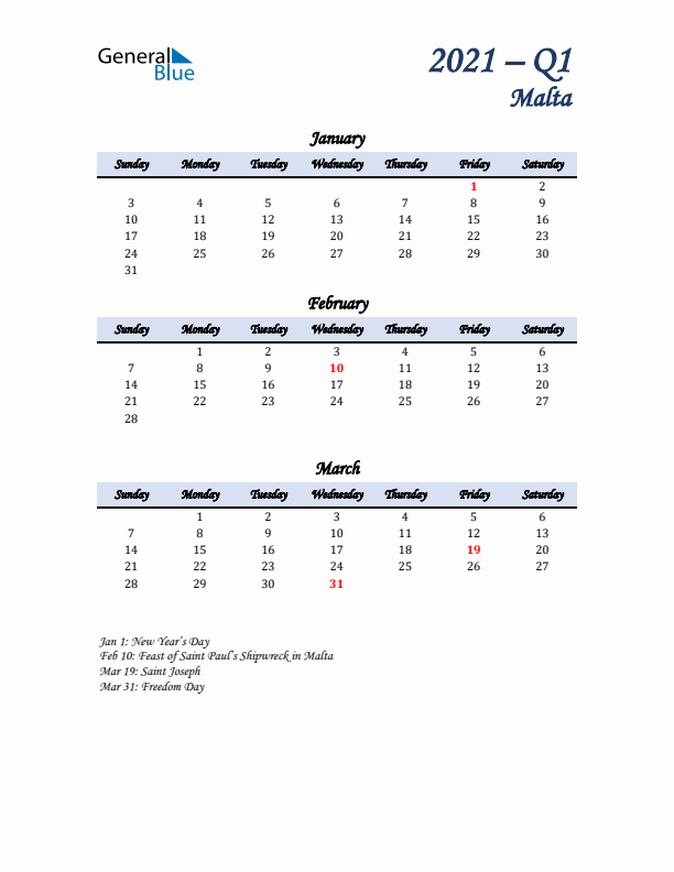 January, February, and March Calendar for Malta with Sunday Start