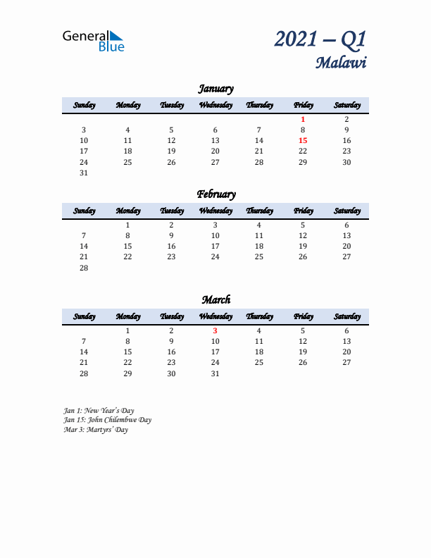 January, February, and March Calendar for Malawi with Sunday Start