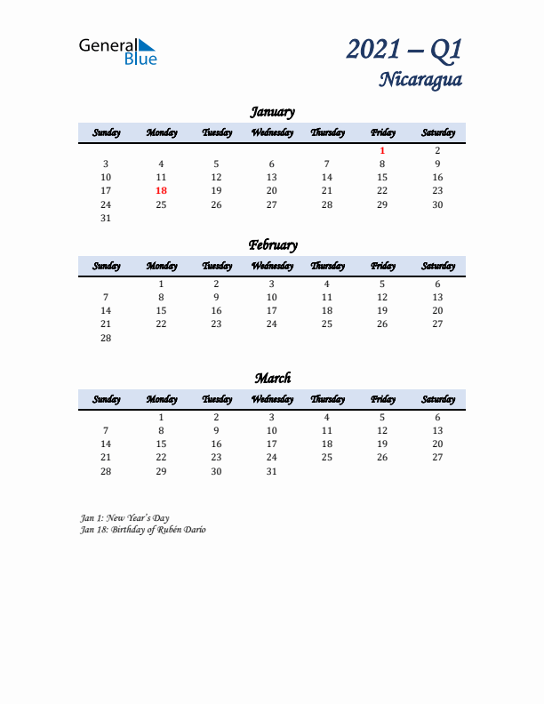 January, February, and March Calendar for Nicaragua with Sunday Start