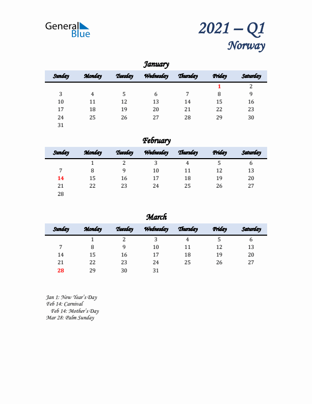 January, February, and March Calendar for Norway with Sunday Start